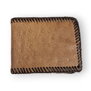 Vintage Ostrich Leather Bifold Wallet Brown Laced Edges Mens Unisex 70s 4.75"